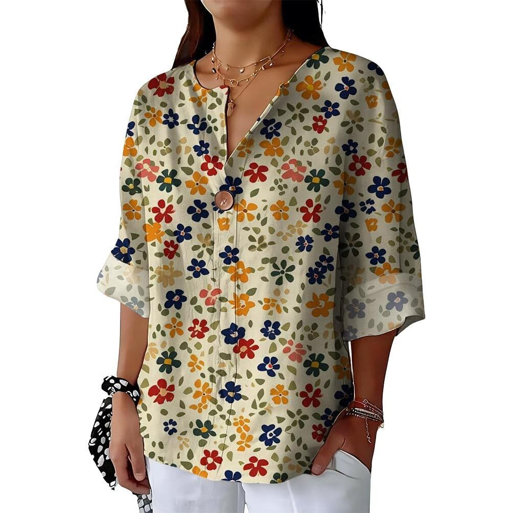Button Ladies Tops and Blouses Floral Art 3/4 Sleeve Spring Shirts V Neck Comfy Graphic Oversized Pullover Clothes