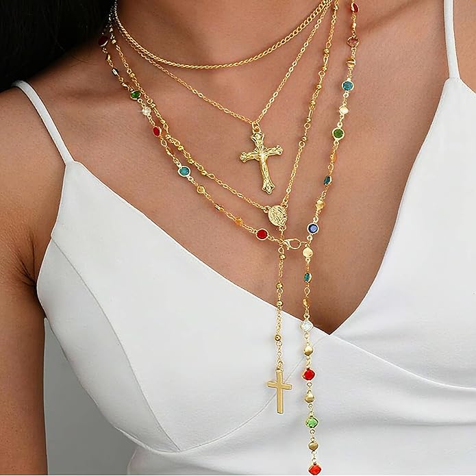 4PCS Layered Gold Cross Necklaces for Women Trendy