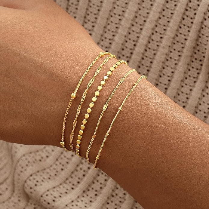 Gold Bracelets for Women, 14K Gold Plated Stackable Bracelet Stack Set