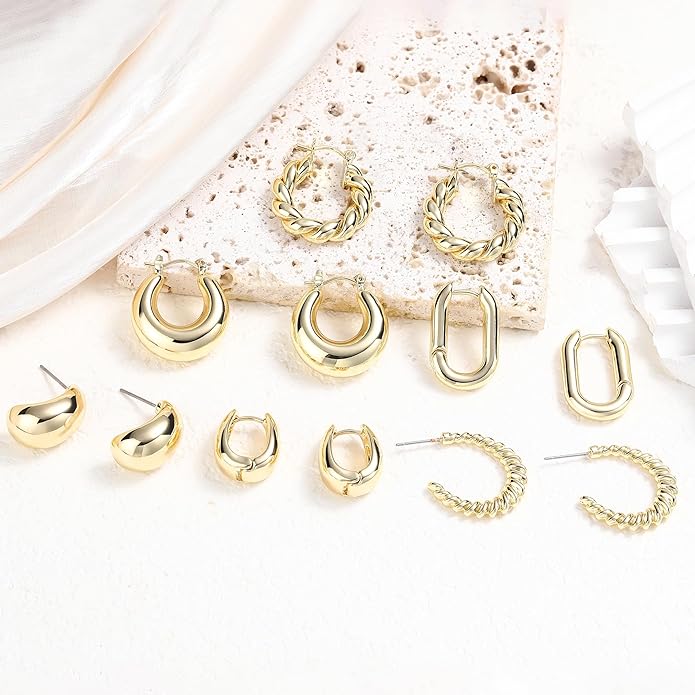 6 Pairs 14K Gold Plated Hoop Earrings
