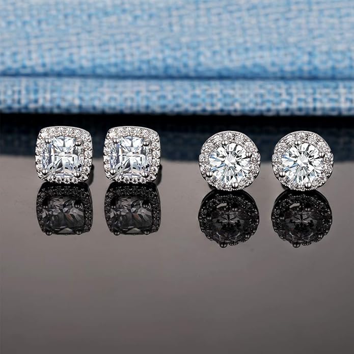 18K White Gold Plated Round Square Cubic Zirconia Simulated Diamond Halo Stud Earrings