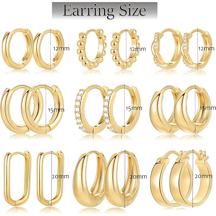 9 Pairs Small Gold/Silver Hoop Huggie Earrings Set
